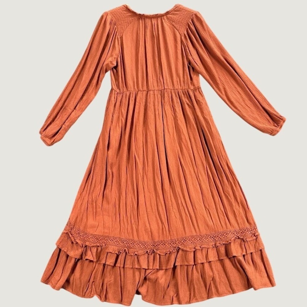 Knox Rose Orange Boho Midi Dress Women's Medium Approx Tiered Ruffle Long Sleeve - Picture 3 of 14